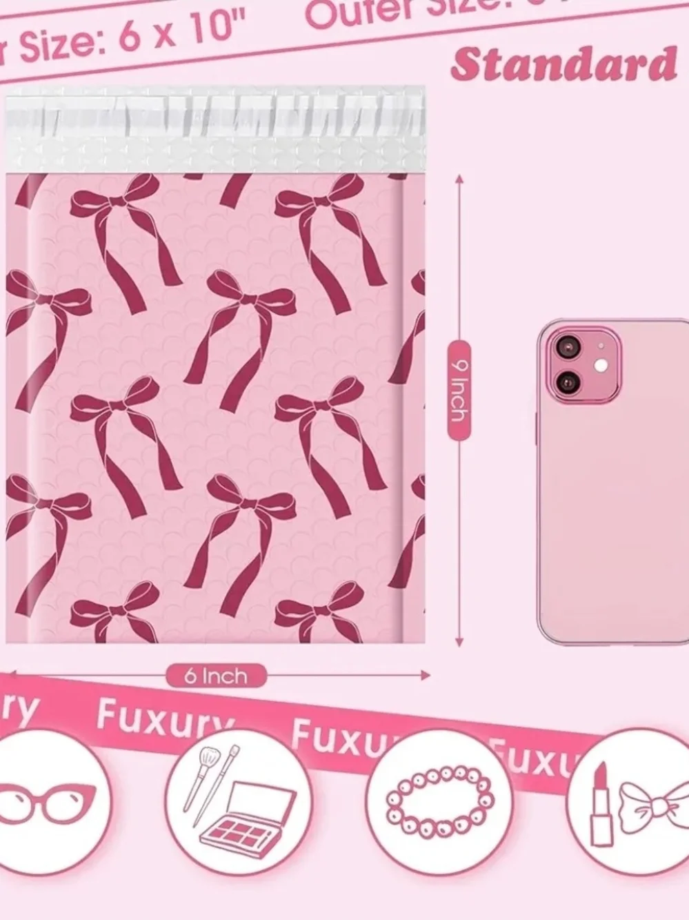 6x9 Padded Mailer Pink With Bows - Set Of 12